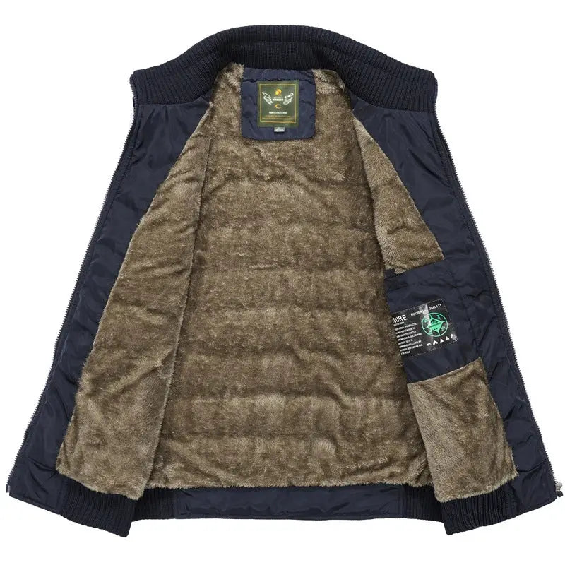 Simples Market men's navy fleece sleeveless vest with brown faux-fur lining and padded stand collar, size 8XL