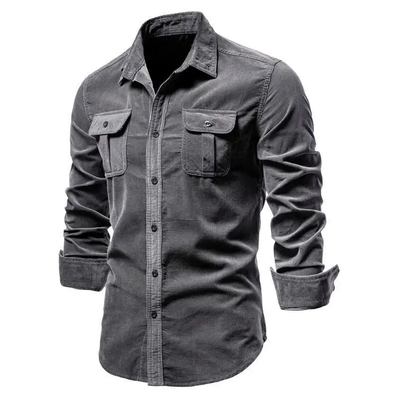 Corduroy men's long-sleeve shirt, charcoal gray, with two chest pockets and button front