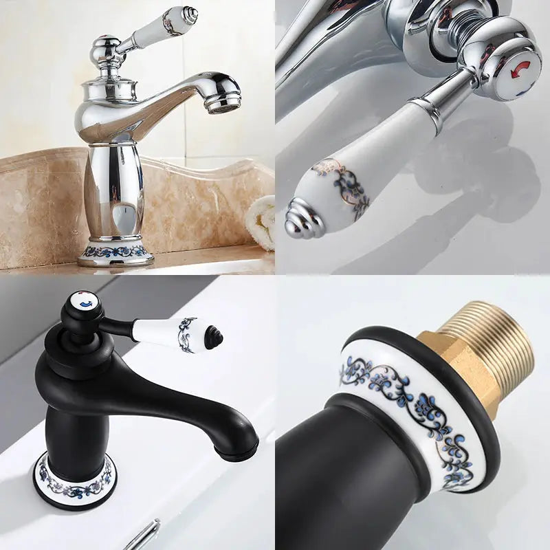 Bathroom faucets ELFCT001 pair in antique bronze and black with ceramic inlays; single-handle water mixer taps.