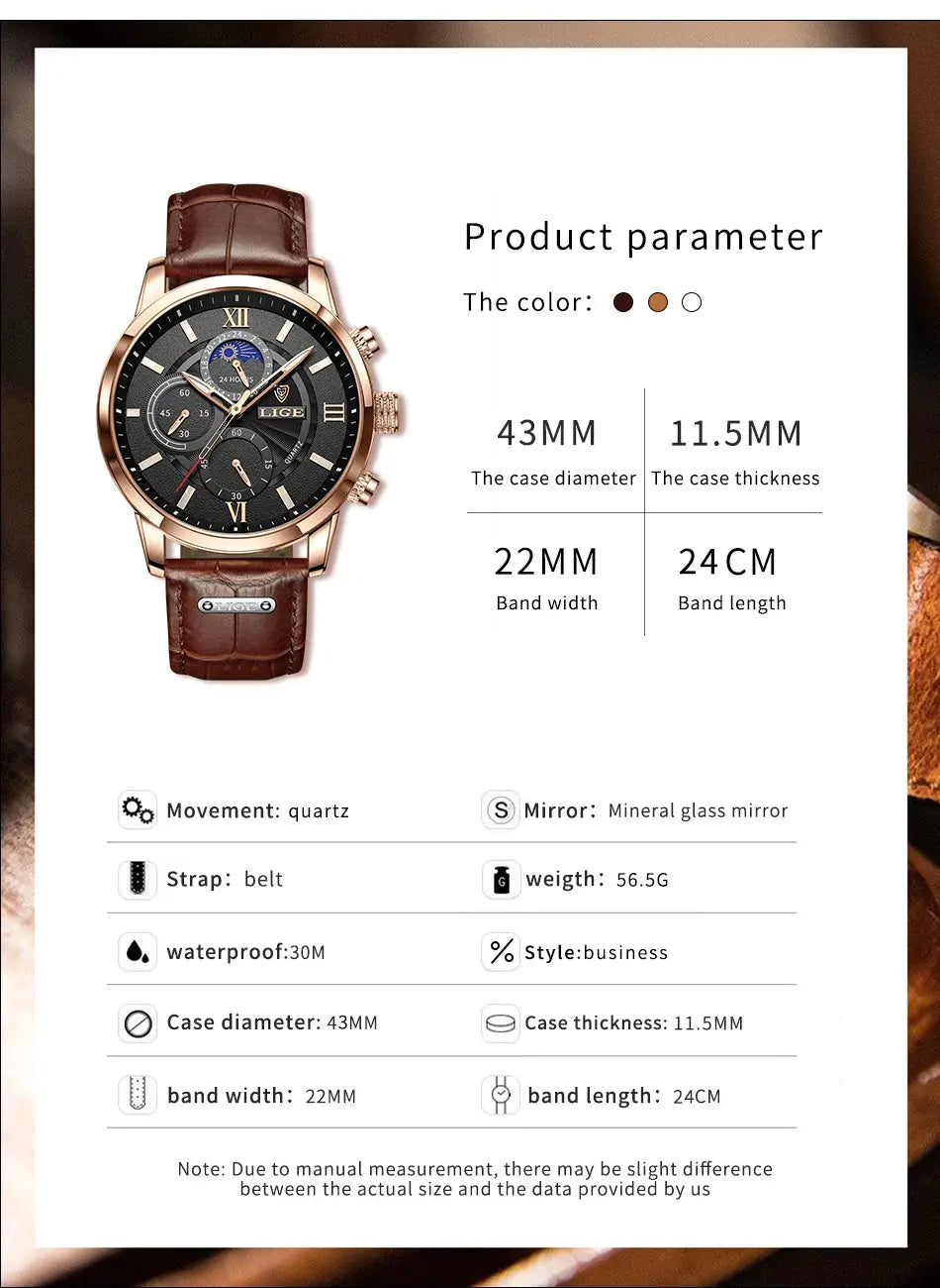 LIGE men's luxury watch with brown leather strap and rose-gold case