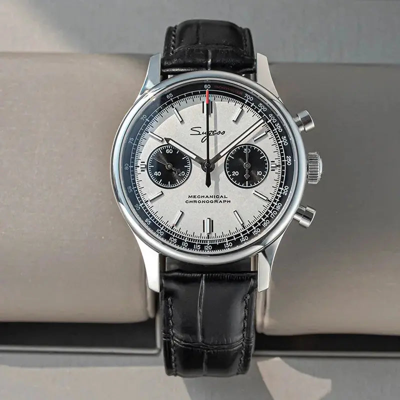 Limited Edition Pilot Mechanical Chronograph Panda watch by Simples Market, 40mm steel case, black leather strap.
