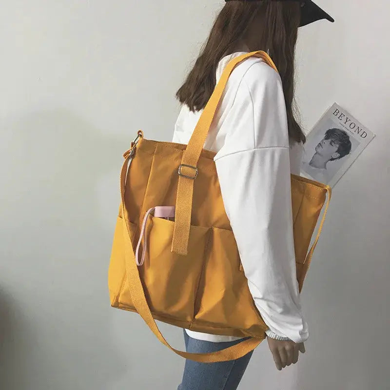 Simples Market waterproof Oxford large-capacity mustard yellow handbag with crossbody strap