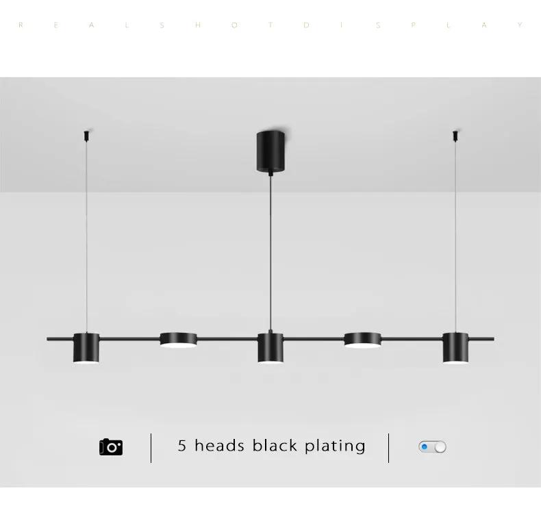 5-head black LED chandelier for living room, linear pendant, dimmable ceiling light