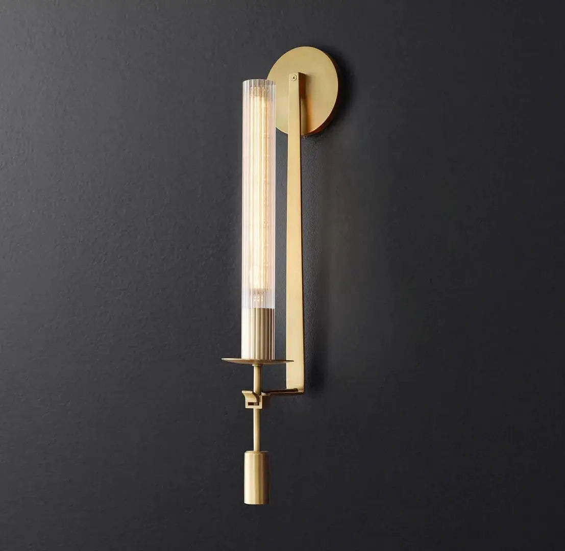 Modern copper wall sconce lamp with glass cylinder shade and brass finish