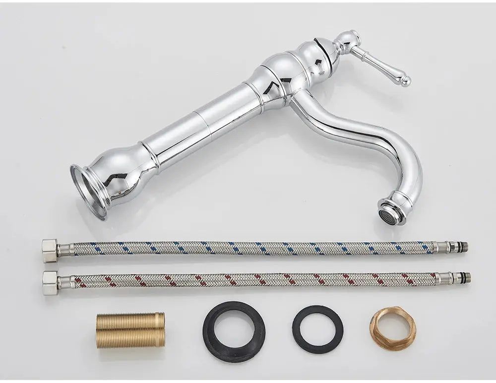 POIQIHY chrome basin vessel sink faucet, deck-mounted, single-hole; includes braided supply lines and fittings