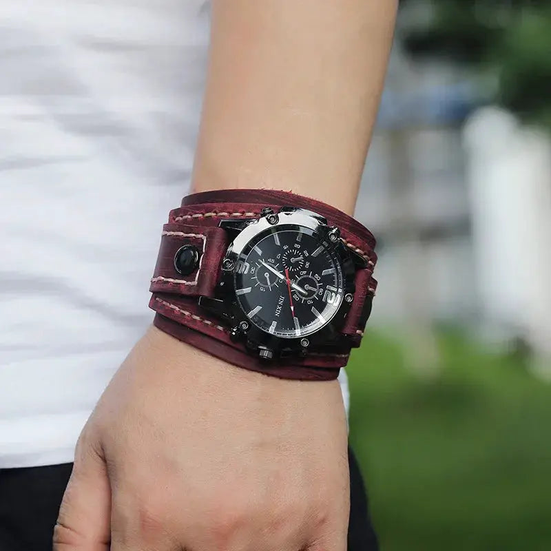 Rogue Punk Style Mens Quartz Watch With Wide Genuine Cowhide Leather Strap And Luminous Dial