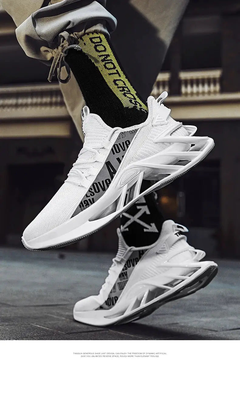 Men's white running sneakers with breathable mesh upper and futuristic sculpted sole.