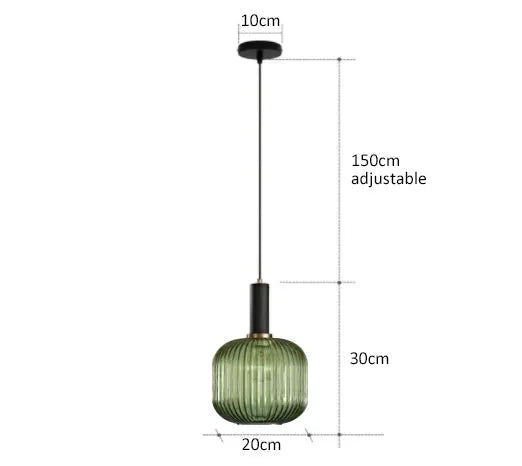 Simples Market retro green ribbed glass pendant lamp with black canopy and adjustable cord (E27)