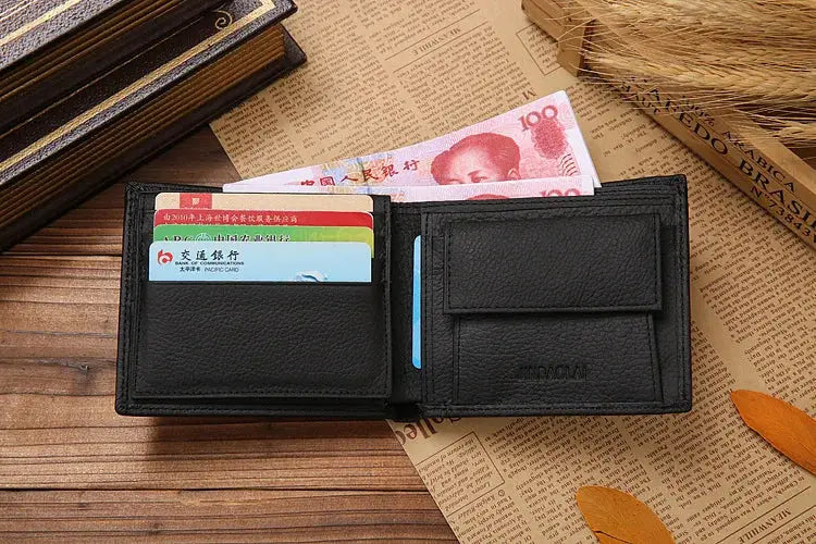 Classic short genuine leather men's wallet by Simples Market, black with coin pocket and card slots