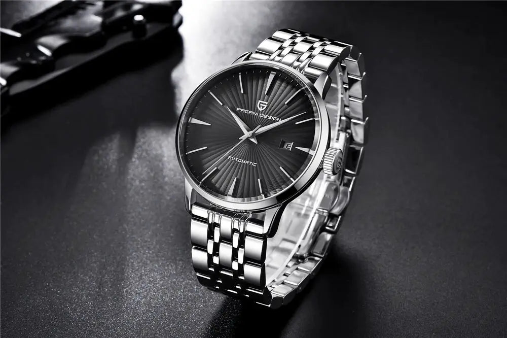 Pagani Design men's automatic wristwatch with silver stainless steel band and black dial.