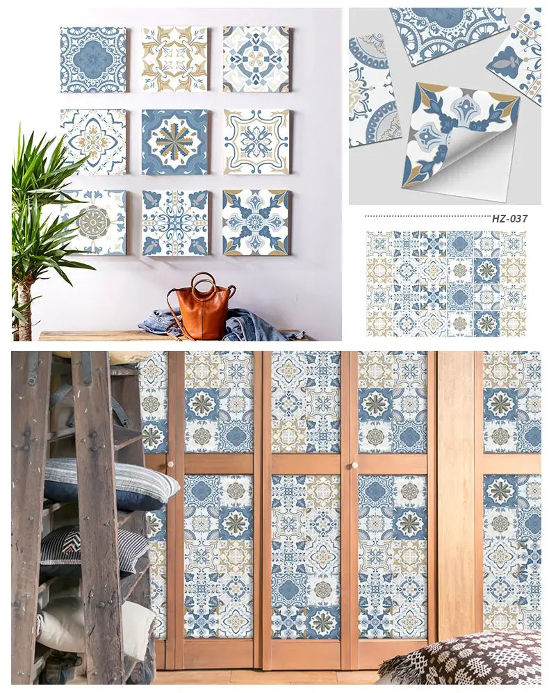 24pcs blue and beige tile sticker set for walls; waterproof self-adhesive wall decals for kitchen and bathroom