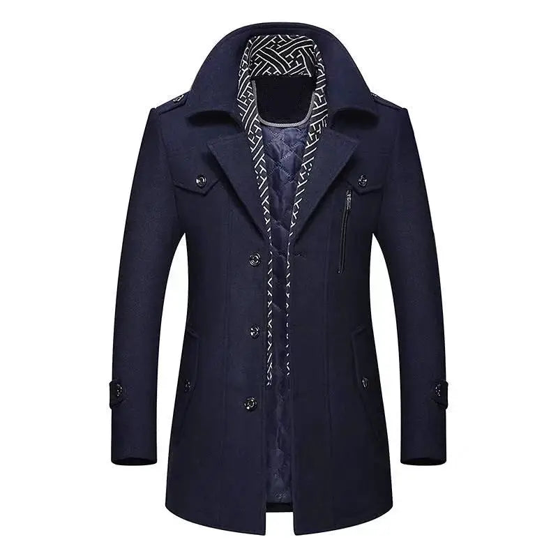 Men's navy wool coat, mid-length trench with cotton-padded warmth and scarf collar