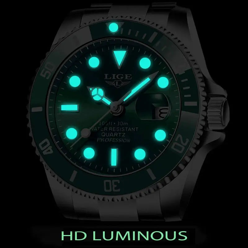 LIGE Luxury Fashion Diver Watch For Men 30ATM Waterproof Quartz Date Stainless Steel Wristwatch
