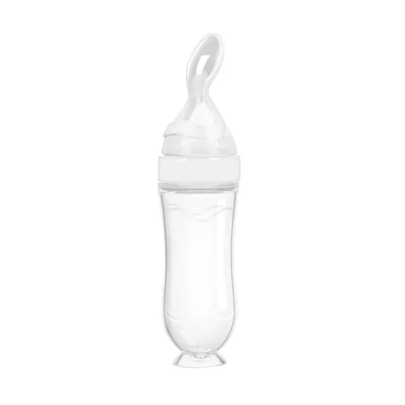 Silicone Baby Bottle With Integrated Squeeze Spoon For Mess Free Feeding Milk Rice Cereal