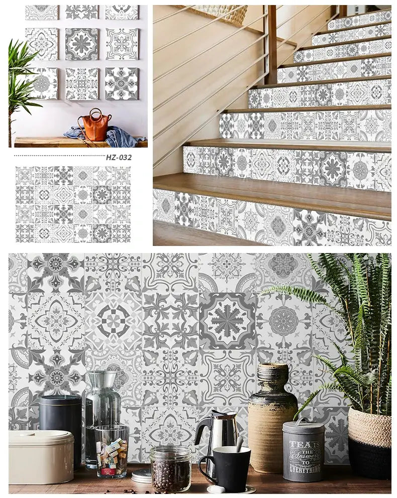 24pcs light-gray tile sticker set for walls and stairs; self-adhesive, waterproof wall decals with decorative patterns