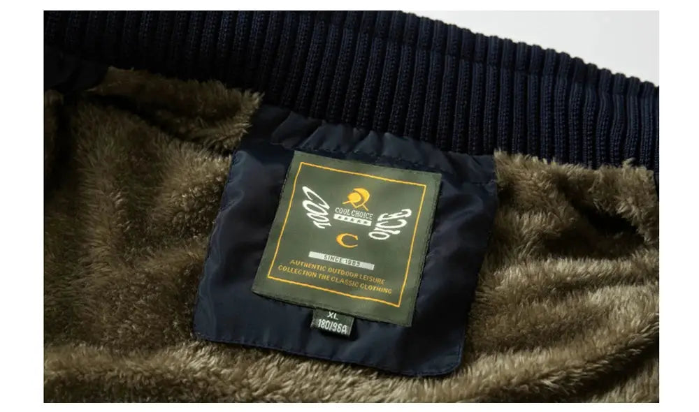 Men's winter fleece sleeveless vest with navy outer shell and brown faux fur lining, Cool Choice patch
