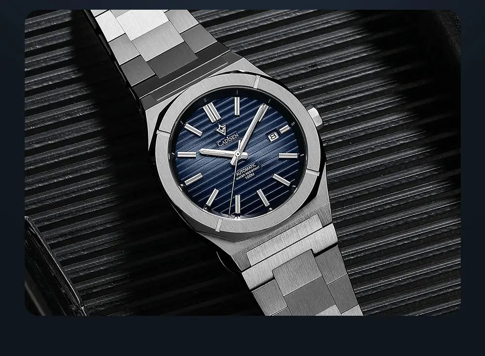 Cadisen Diver Watch with blue dial, stainless steel bracelet, automatic movement, sapphire, 10Bar water resistant