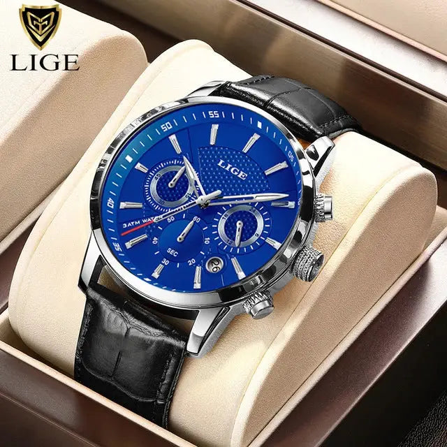 LIGE 2025 Mens Fashion Sports Quartz Watch Leather Strap Waterproof Date Stainless Steel Case