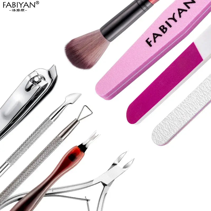 FABIYAN manicure set with pink nail files, silver nail clippers, cuticle pusher and assorted manicure tools