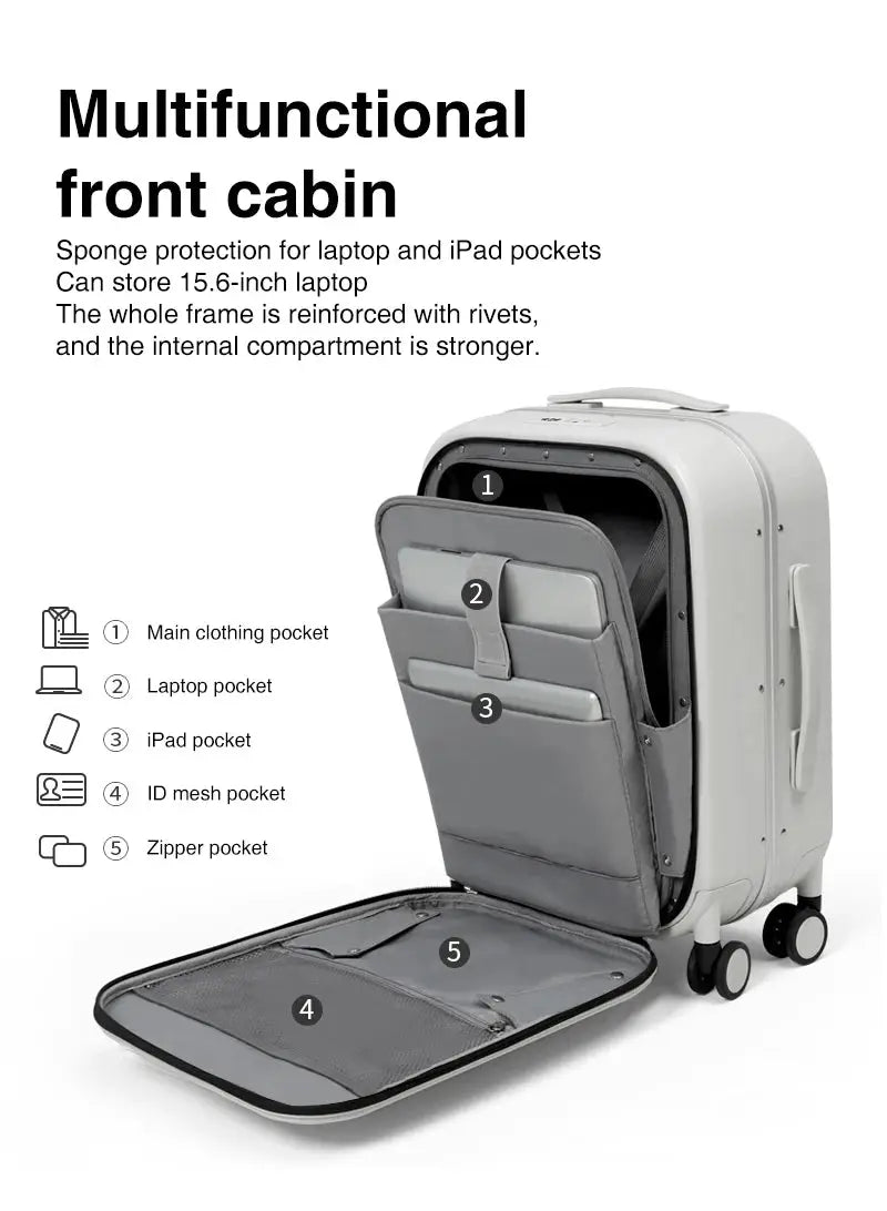 Simples Market Mixi aluminum-frame carry-on suitcase in gray with front organizer pockets and interior pouches