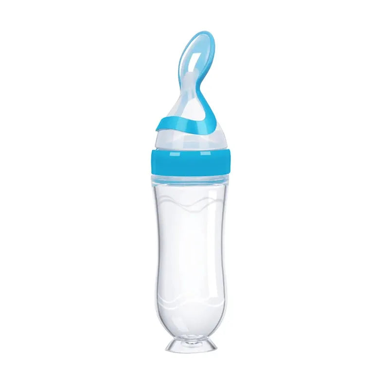 Silicone Baby Bottle With Integrated Squeeze Spoon For Mess Free Feeding Milk Rice Cereal