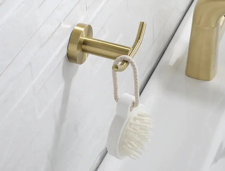Bathroom hardware set brushed gold, wall-mount with rope-hung white brush by Simples Market
