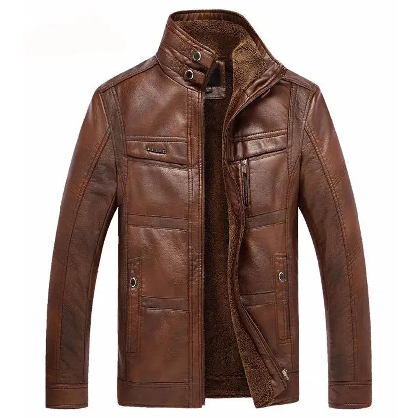Leather jacket for men, brown PU leather outerwear with faux fur lining and zip pockets