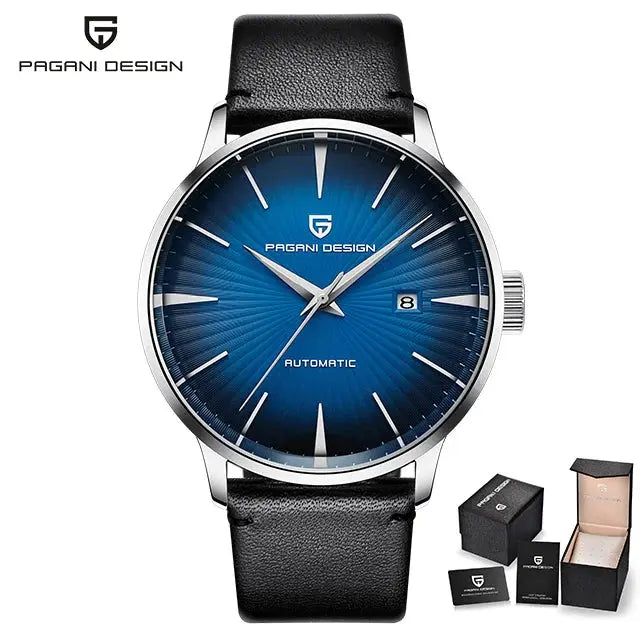 Pagani Design men's automatic wristwatch with blue sunburst dial, date window, silver-tone case, black leather strap