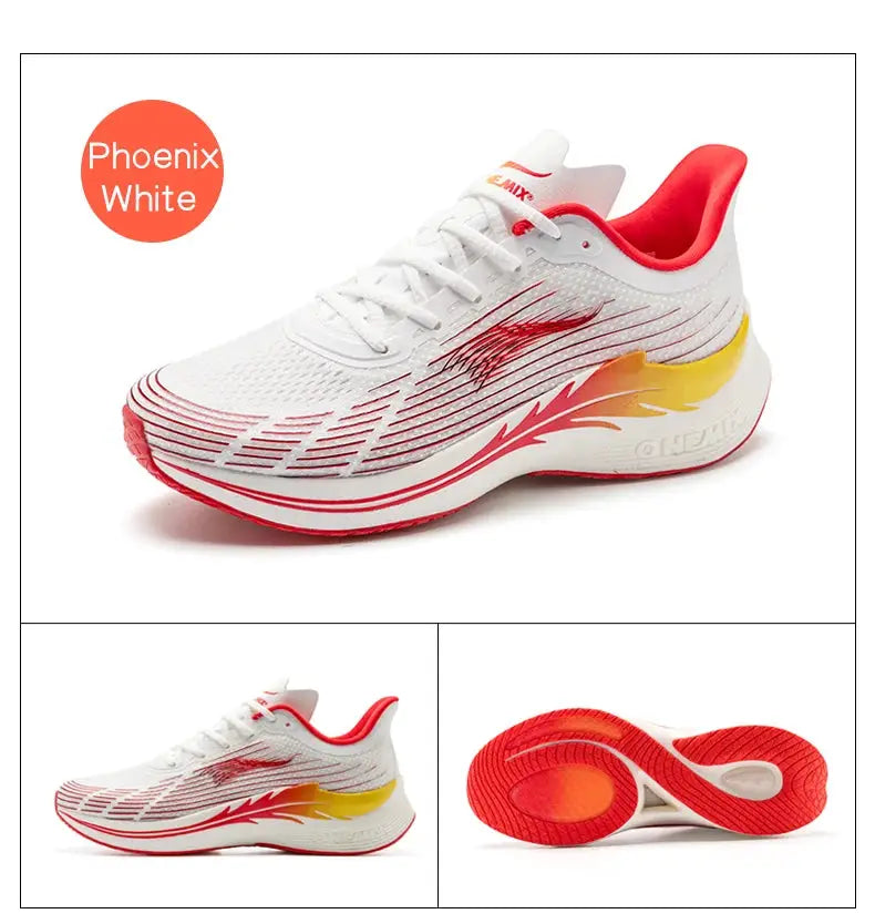 Onemix Phoenix White running shoes, white breathable lightweight sneakers with red accents and yellow gradient heel.