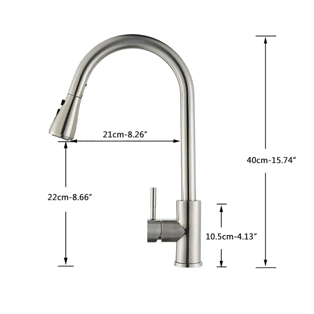 Brushed nickel kitchen faucet with flexible pull-out nozzle, high-arc spout, deck-mounted single lever.