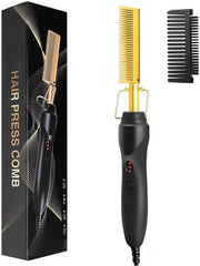 Simples Market 2-in-1 hot comb hair straightener with gold heating comb and extra black comb; portable travel device