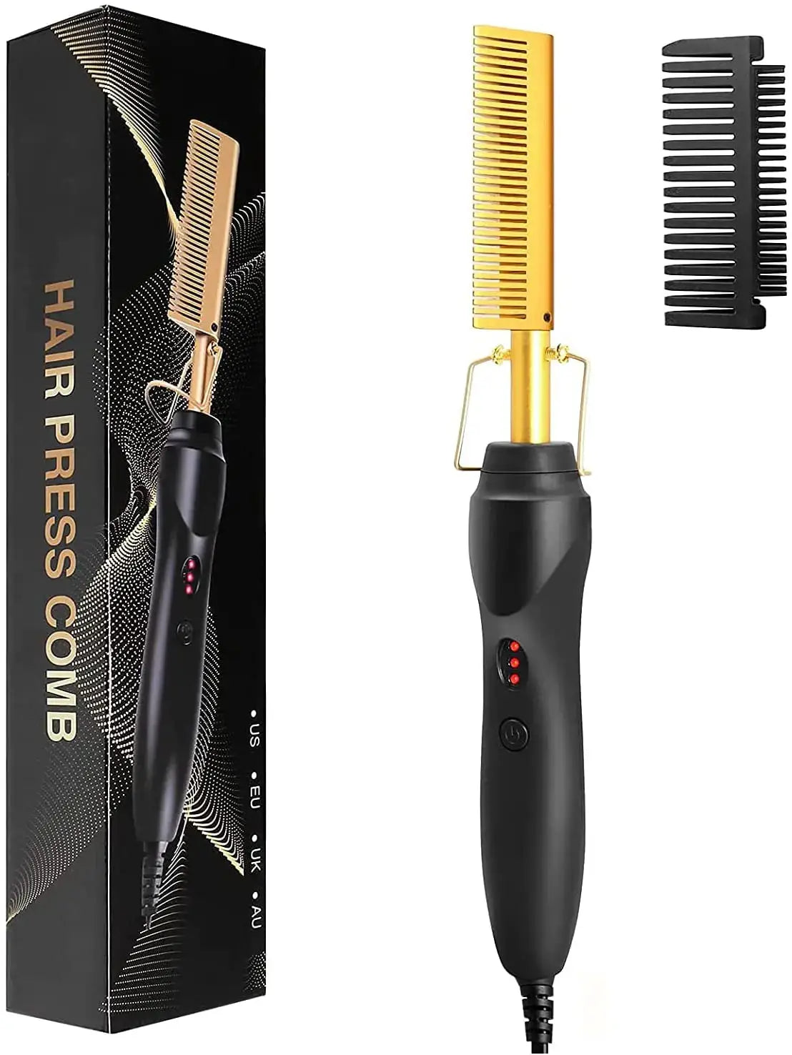 Simples Market 2-in-1 hot comb hair straightener with gold heating comb and extra black comb; portable travel device