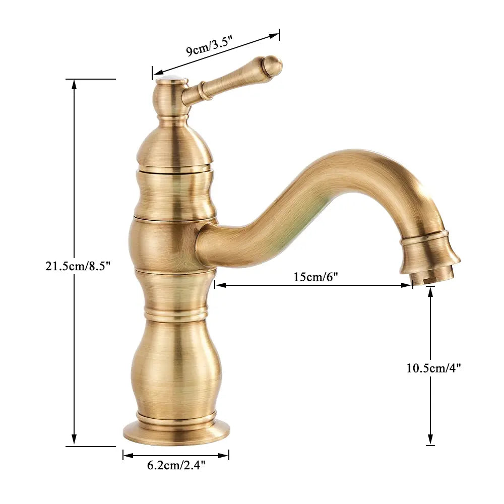 POIQIHY antique brass basin faucet, deck-mounted one-hole with curved spout and single-handle design