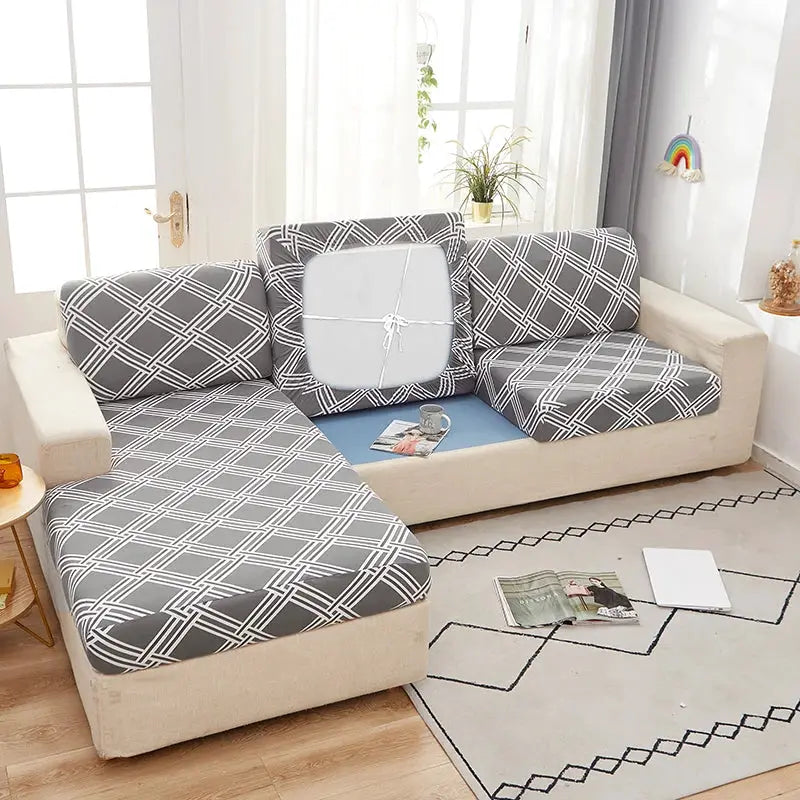 Geometric print sofa cover set; gray plaid, corner sectional, elastic fit by Simples Market