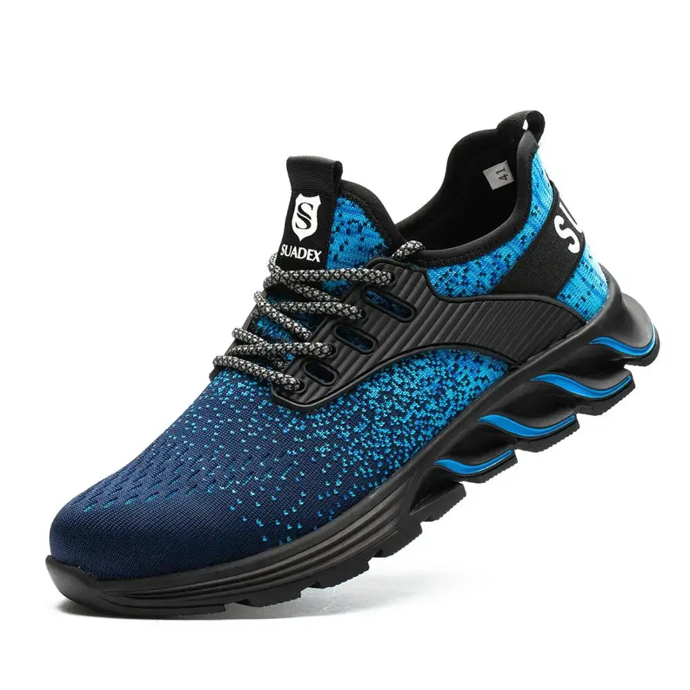 SUADEX safety shoes for men and women; blue knit upper, black accents, steel toe, lightweight breathable