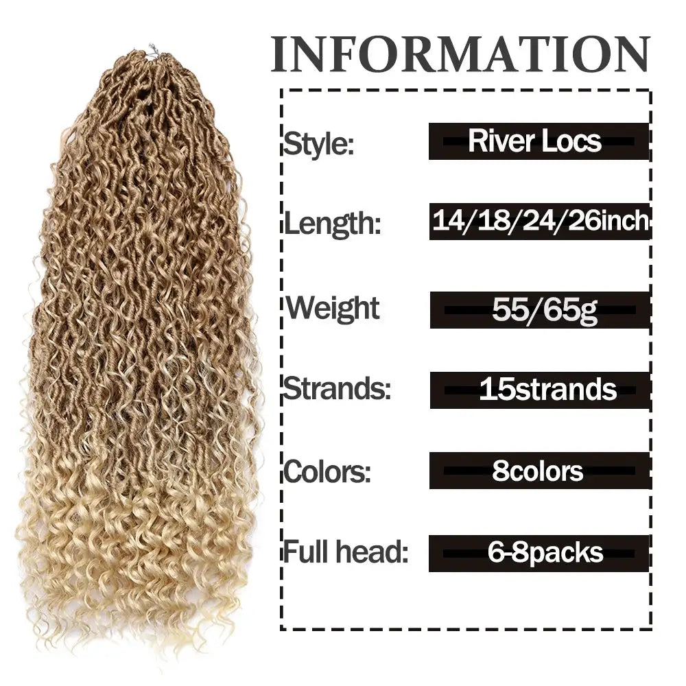 Simples Market Synthetic Goddess Locs crochet hair, river locs style, 14/18/24/26 in, 55/65 g, 15 strands, 6–8 packs