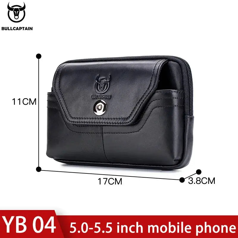 BullCaptain men's black leather belt waist bag with MOLLE fanny pack for money and phone