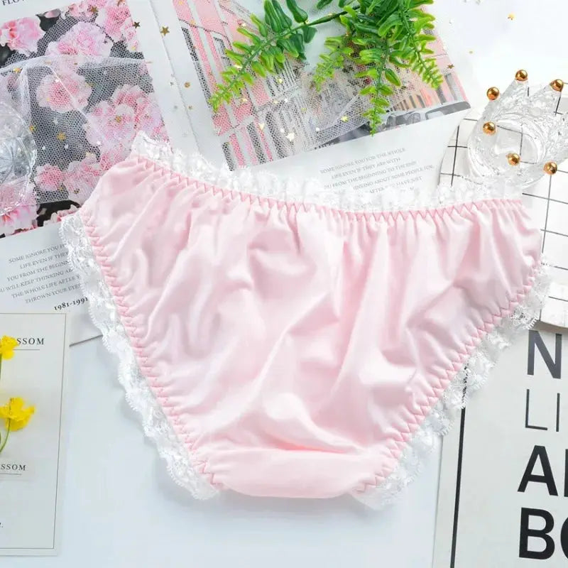 Panties pink milk-silk with white lace trim, low-rise Lolita-inspired underwear