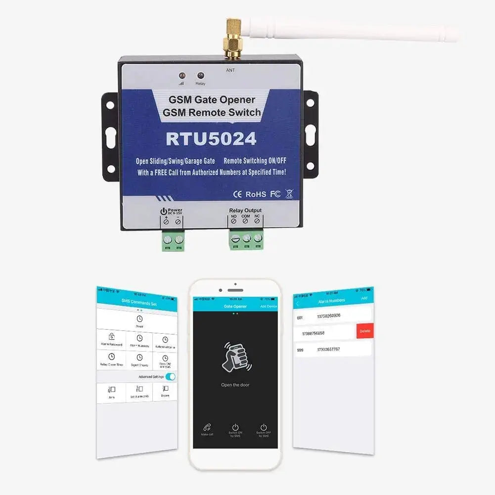 RTU5024 GSM gate opener relay switch in a black enclosure with blue label and long antenna, shown with smartphone app.