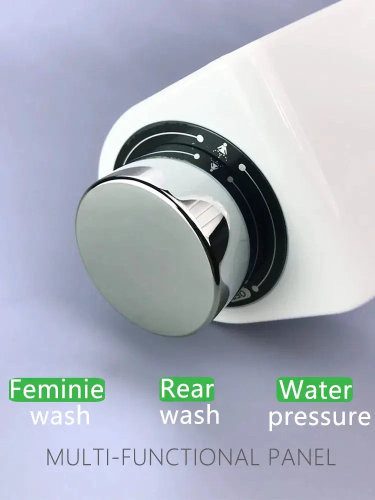 Bidet toilet seat attachment with dual nozzles, chrome dial and black control panel on white base