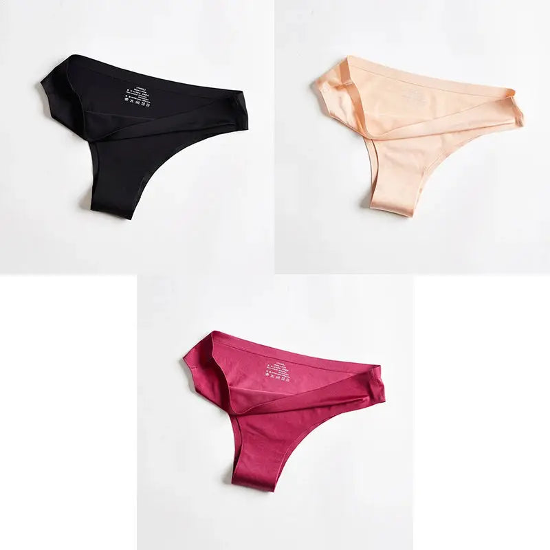 Simples Market women's ice silk seamless thong underwear set of 3 in black, beige, and magenta