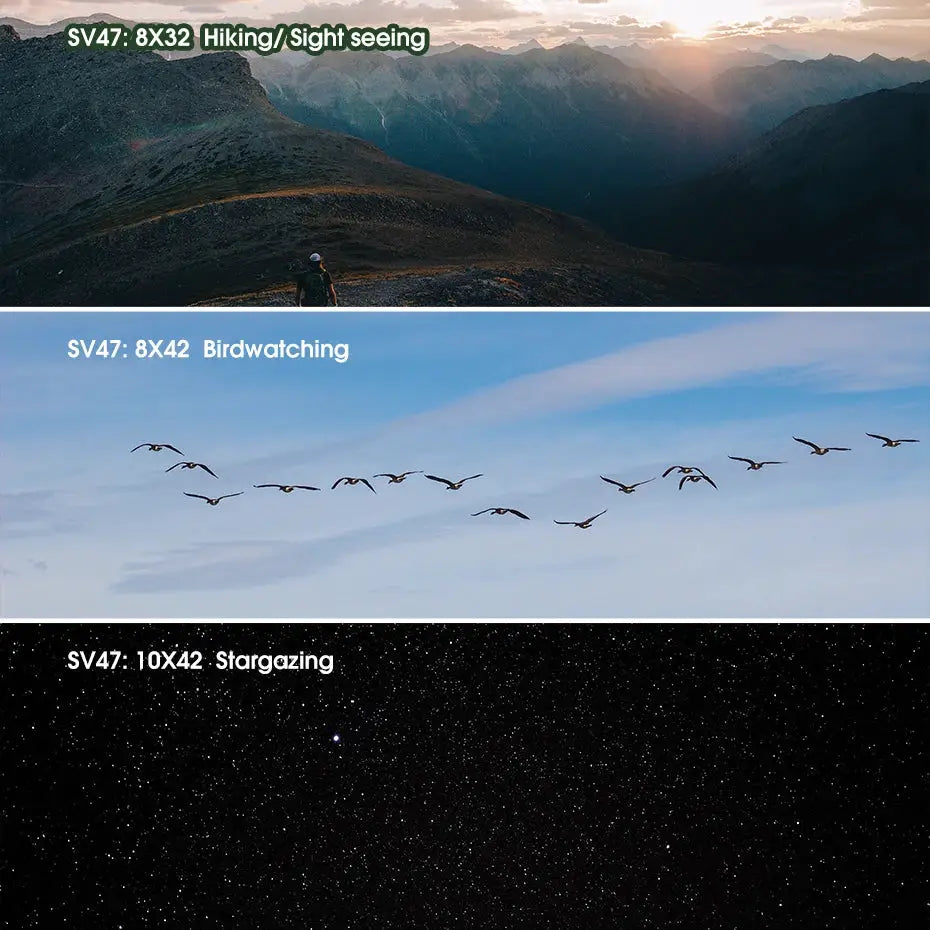 SV47 binoculars by Simples Market; 8x32/8x42/10x42 for hiking, birdwatching and stargazing (three configurations)