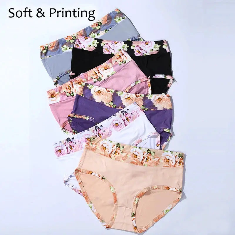Women's floral-print panties set in multiple colors; soft fabric with floral waistband trim