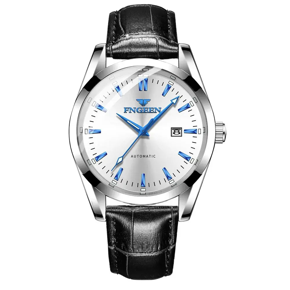 FNGEN men's automatic mechanical wristwatch with blue markers, date window, silver dial and black leather strap
