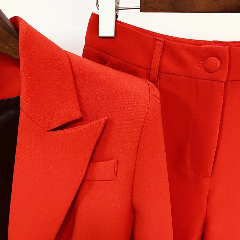 Women's red blazer suit set with single-button blazer and flare pants by Simples Market