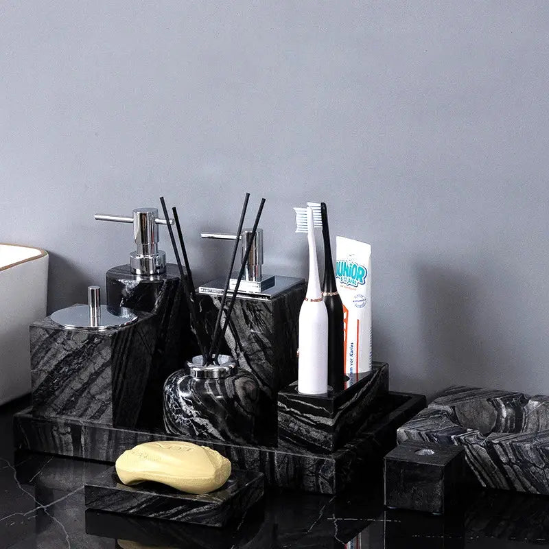 Ancient wood grain natural marble bathroom set with soap dispenser, toothbrush holder and tray in black veined finish