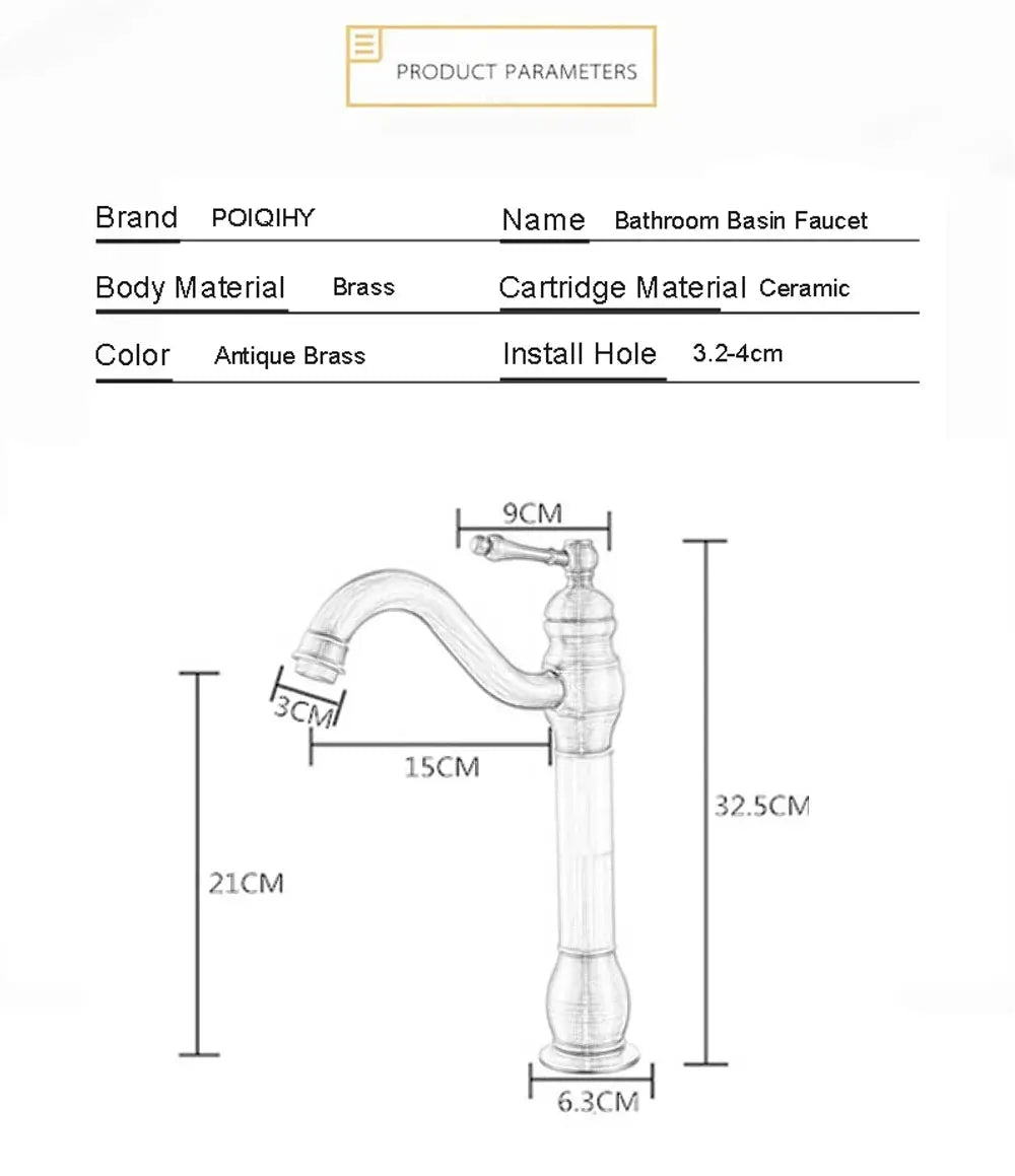 Antique brass basin faucet by POIQIHY, deck-mounted 1-hole mixer for bathroom