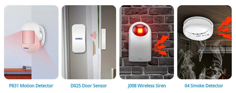 Kerui W184 alarm system kit: P831 motion detector, D025 door sensor, J008 wireless siren, 04 smoke detector.