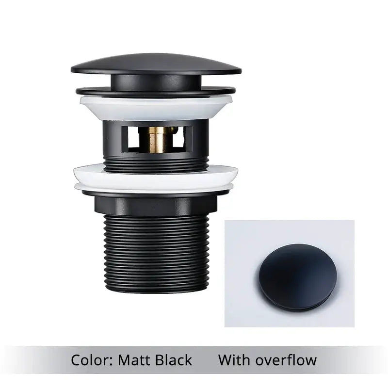 Matte black pop-up bathroom sink drain stopper with overflow for vessel sinks