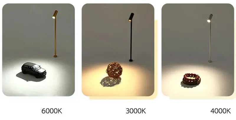 Simples Market LED Spotlight 3W 12V upright jewelry display lamp; adjustable head, shown in 6000K/3000K/4000K on a desk.